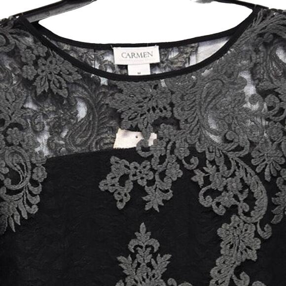 New Carmen Marc Valvo Womens Medium Nylon Lace Overlay Half Bell Sleeve Blouse - Picture 2 of 4